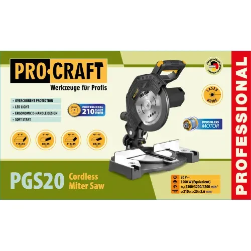 Пила аккумуляторная торцовочная ProCraft PGS20 без АКБ и ЗУ диск 210 мм - фото 2 Пила аккумуляторная торцовочная ProCraft PGS20 без АКБ и ЗУ диск 210 мм - фото 2
