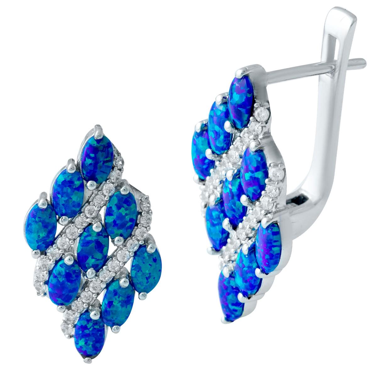 Сережки срібні з синім опалом маркізної форми і фіанітами Сережки срібні з синім опалом маркізної форми і фіанітами