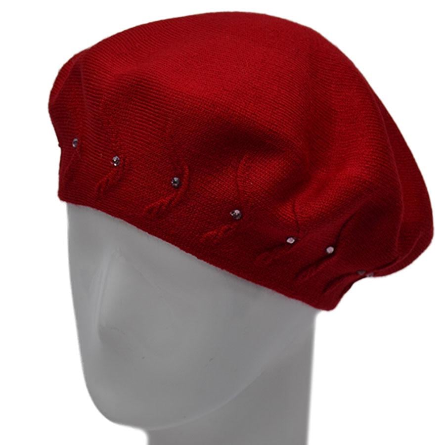 Берет женский Lirus Мятный двойной не большой тонкой вязки со стразами L/57-58 Красный