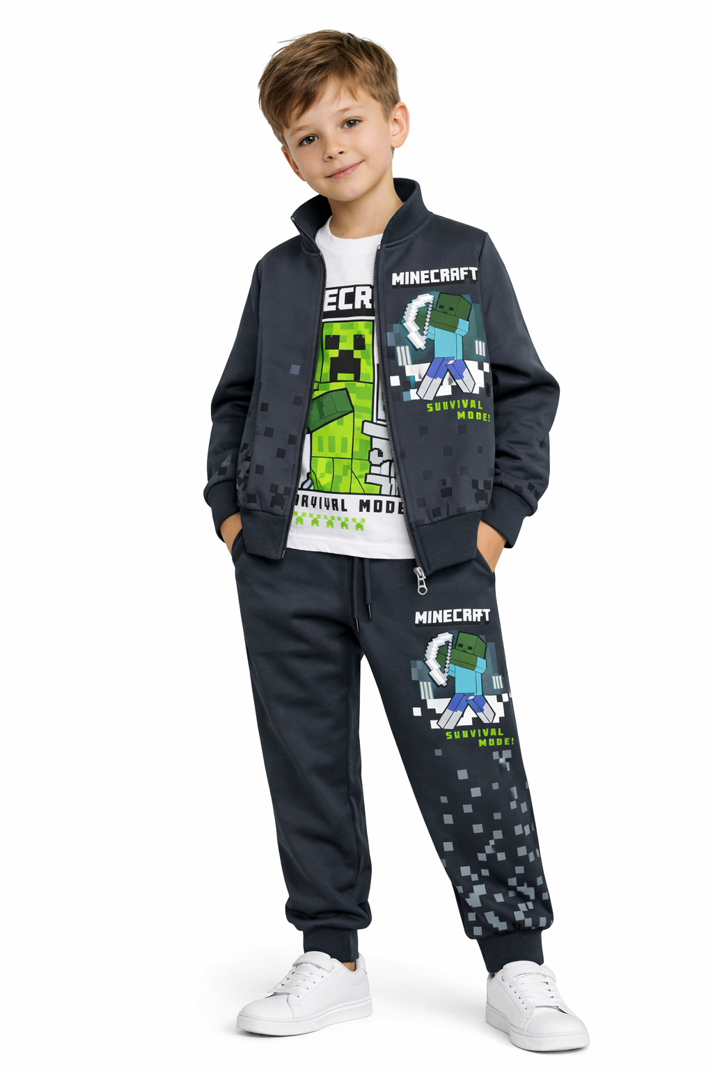 Костюм подростковый тройка в стиле Майнкрафт кофта на молнии/футболка/штаны 104 см Серый (32648088)