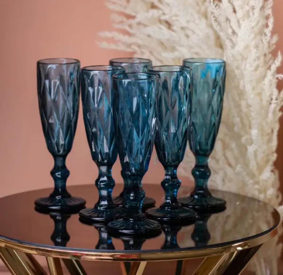 Набір келихів для шампанського TS Kitchen HP036BL із товстого скла фігурних гранованих 6 шт. по 180 мл Блакитний (HP036BL) - фото 2 Набір келихів для шампанського TS Kitchen HP036BL із товстого скла фігурних гранованих 6 шт. по 180 мл Блакитний (HP036BL) - фото 2