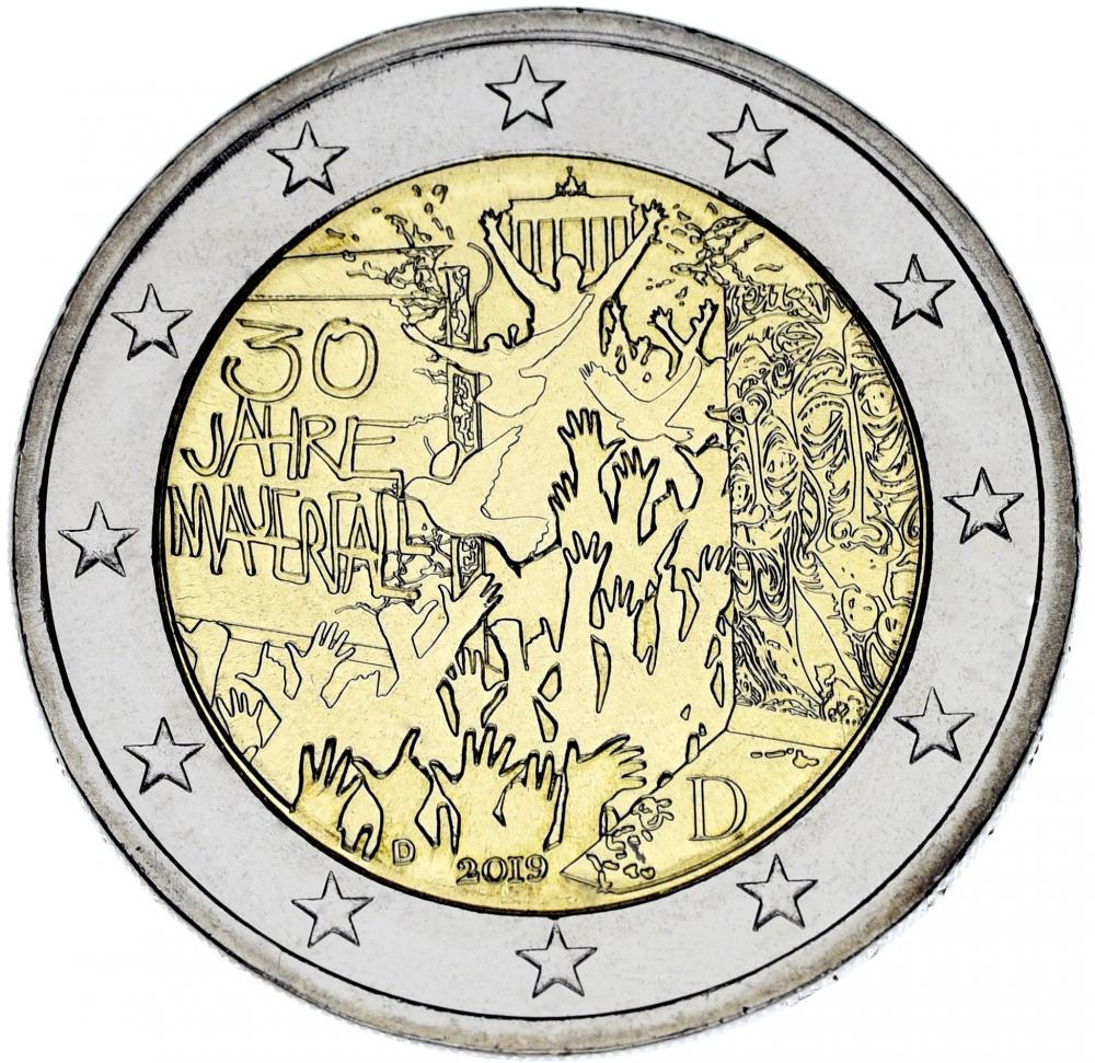 Коллекционная монета Германия 2 евро 2019 Биметалл D Берлинская стена UNC (М12442)