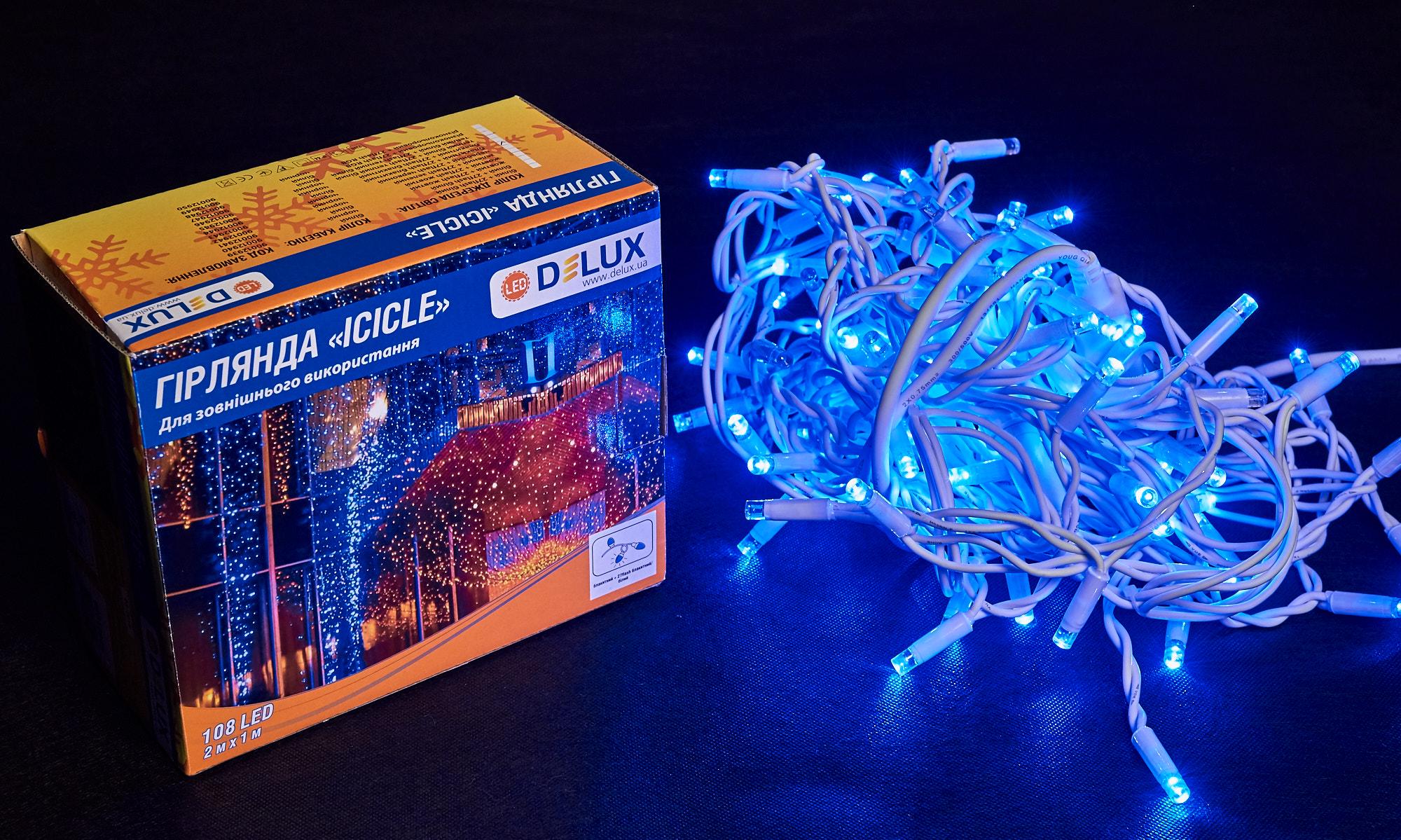 Гирлянда наружная Delux Icicle 108 LED бахрома 2x1 м 27 flash IP44 EN Синий/Белый (90012945) Гирлянда наружная Delux Icicle 108 LED бахрома 2x1 м 27 flash IP44 EN Синий/Белый (90012945)