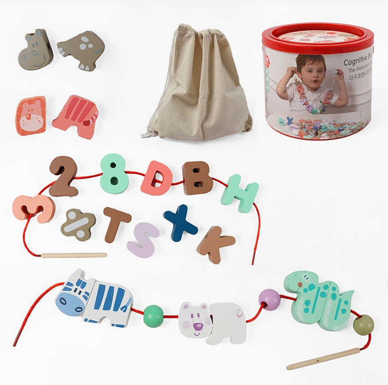 Шнурівка дерев'яна C 74422 тварини букви англійського алфавіту цифри та арифмети знаки бусини шнурки з дерев'яним краєм мішечок у відрі
