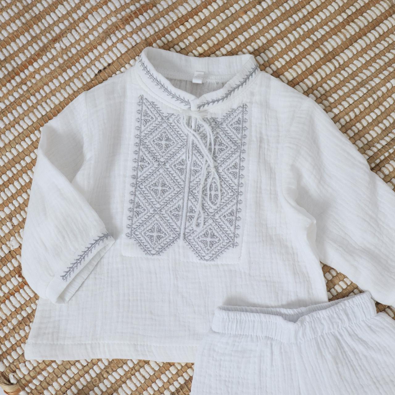 Одежда для крещения для мальчика муслиновая с вышивкой рубашка/шорты Белая (1854757545)