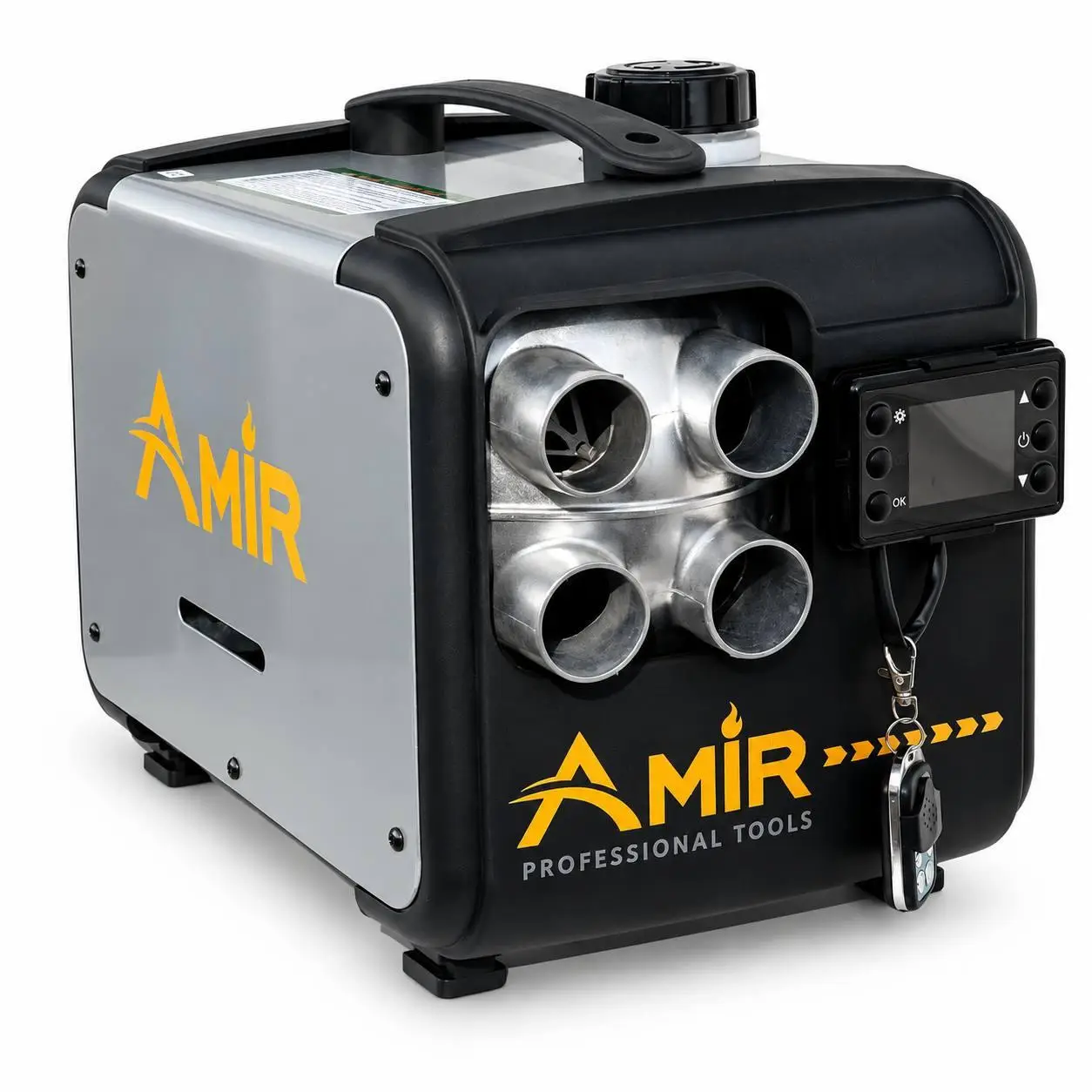 Обогреватель дизельный переносной AMIR 5 кВт 12V/24V/220V с комплектом с 4 воздуховодом и пультом Серебристый (M1276)