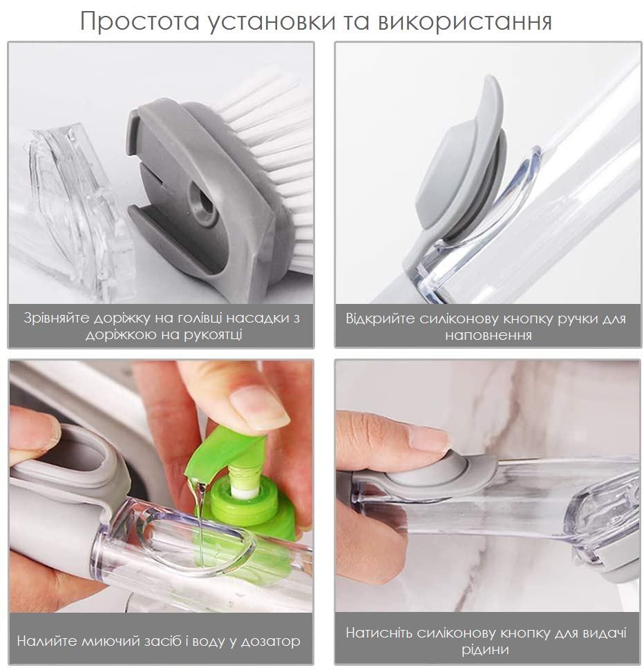 Щітка для миття посуду DECONTAMINATION WOK BRUSH з ручкою дозатором і знімною насадкою Сірий - фото 5