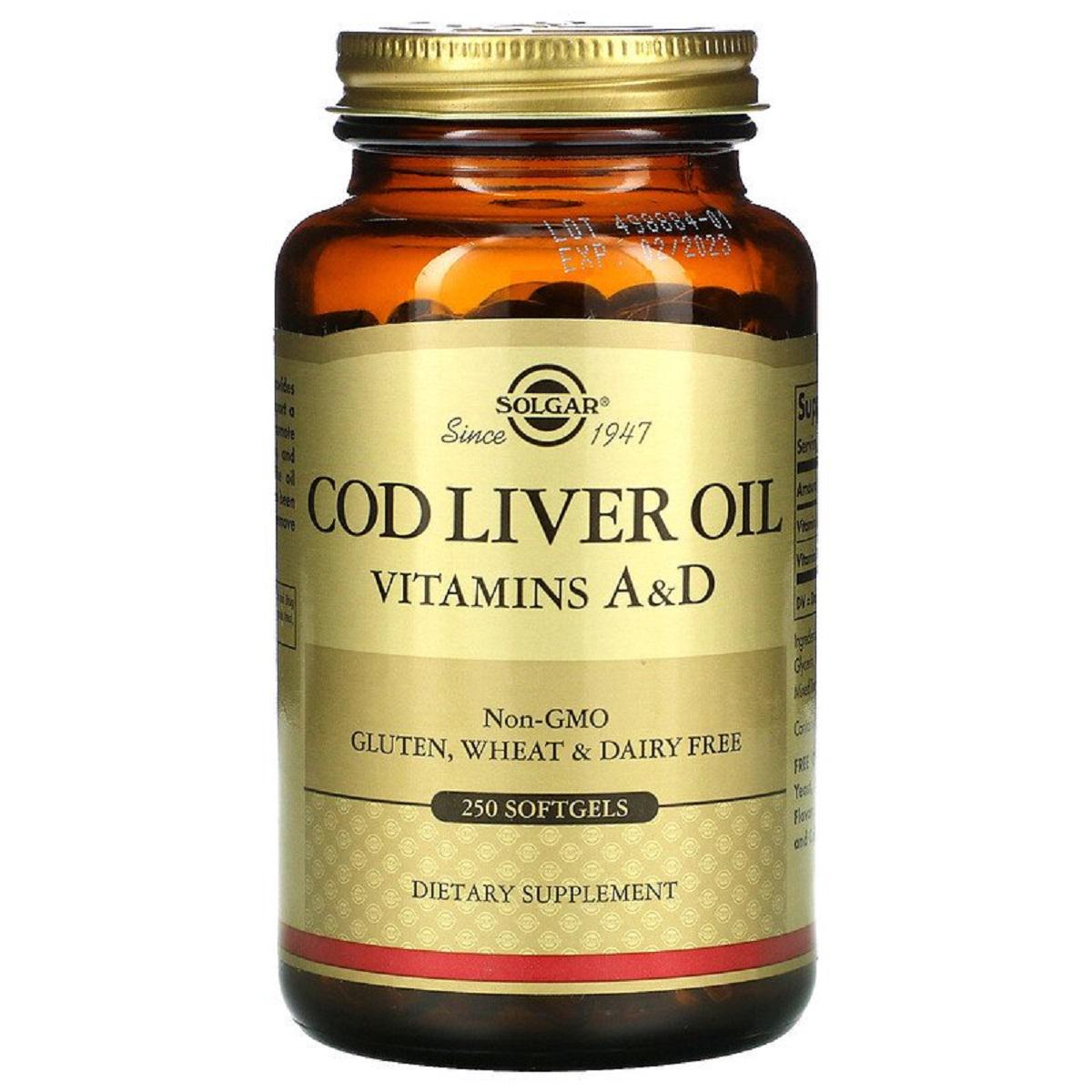 Масло печінки тріски Solgar з вітамінами A і D Cod Liver Oil Vitamins A D 250 желатинових капс. (5011)