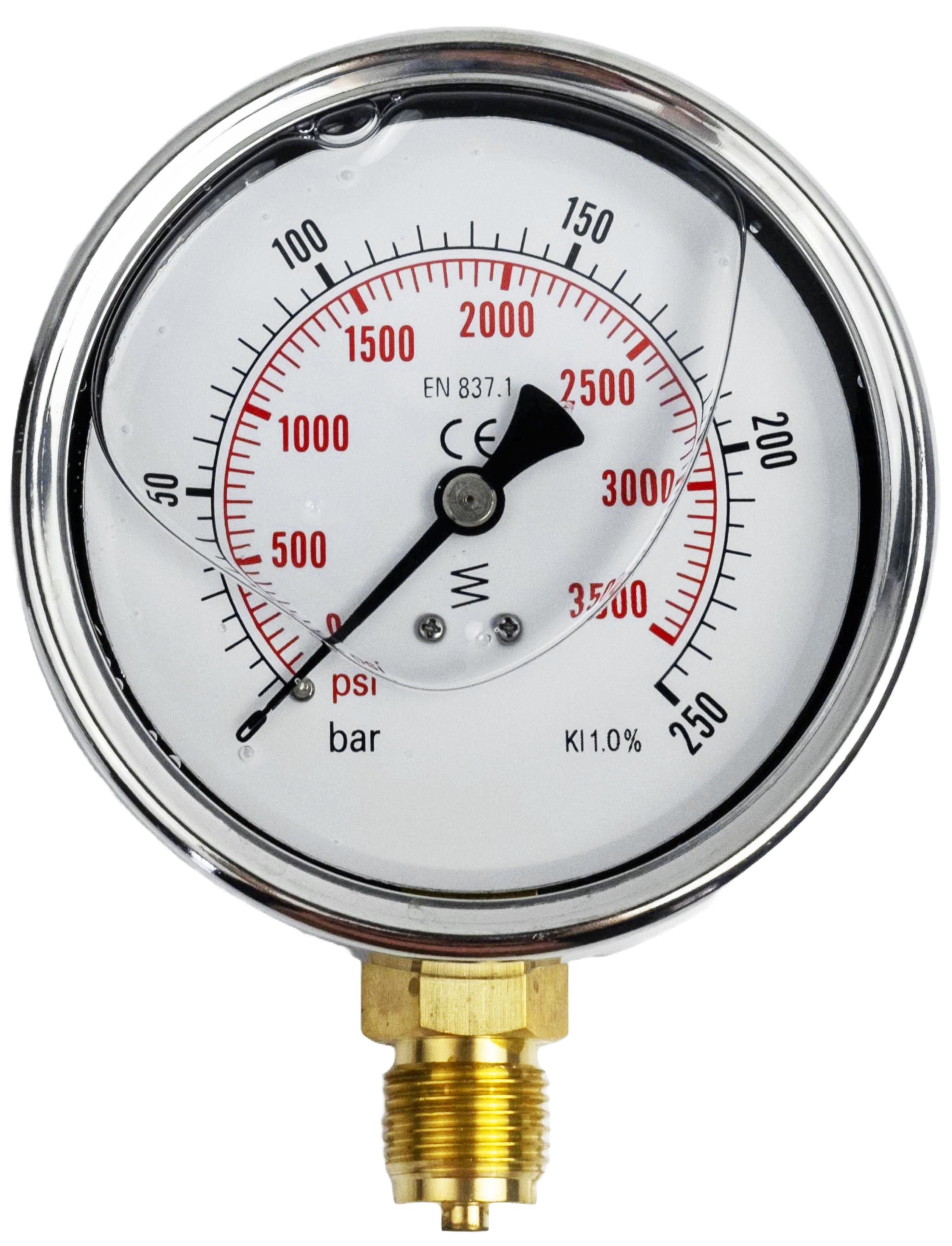 Манометр с глицериновым наполнением подключение радиальное снизу G 1/2" BSPP Ø 100 мм 0-250 бар (MI_M100R250MGE)