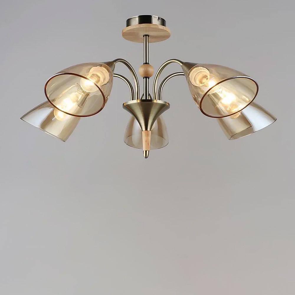 Люстра потолочная Light House SR-19162/5 AB+WOOD E27 675х365 мм Бронзовый/Янтарный (78155)