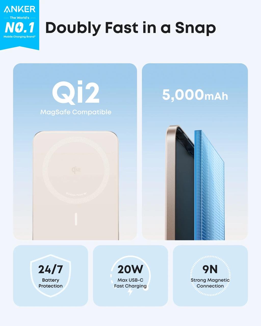 Повербанк магнітний ультратонкий Anker A1665 для iPhone з бездротовою зарядкою 5000 мАг 20 Вт Рожевий (27376612) - фото 5