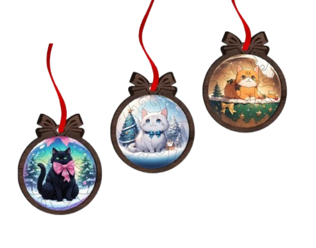 Набор новогодних игрушек-пазлов для елки шарики с котами Набор новогодних игрушек-пазлов для елки шарики с котами
