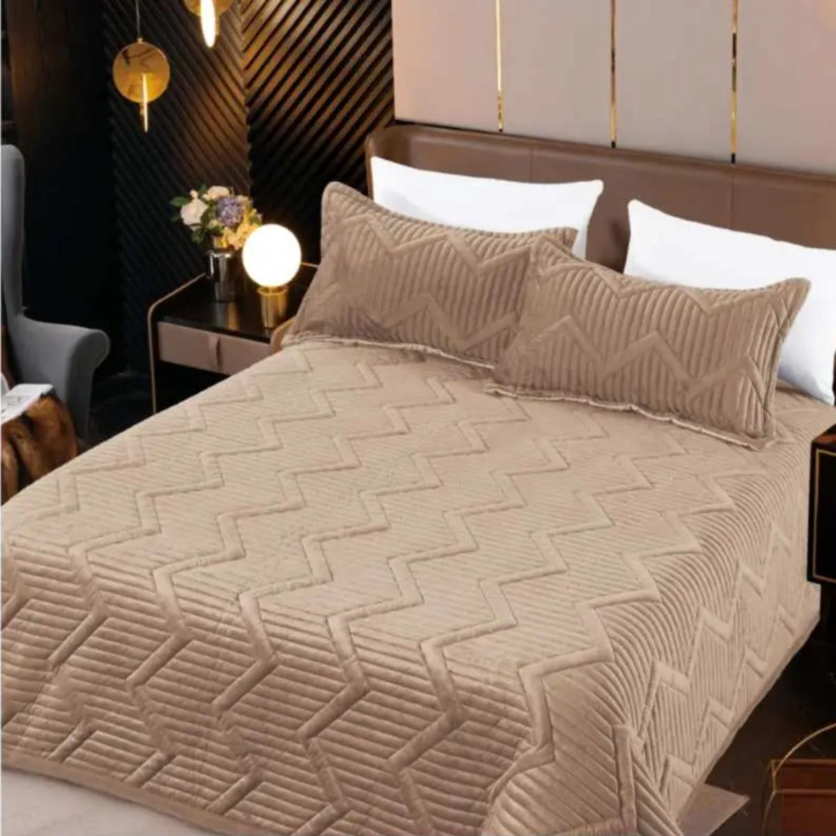 Покрывало велюровое стеганое Koloco Зигзаги евро 220х240 см Темно-бежевый (40037)