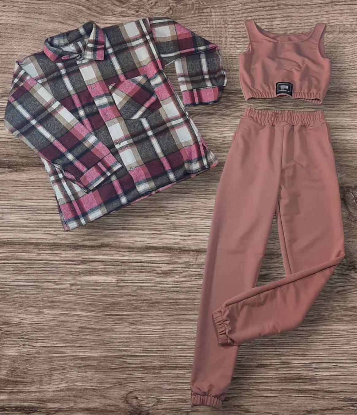 Спортивный костюм на девочку тройка рубашка/топ/штаны 128 см Бежевый (24184970)