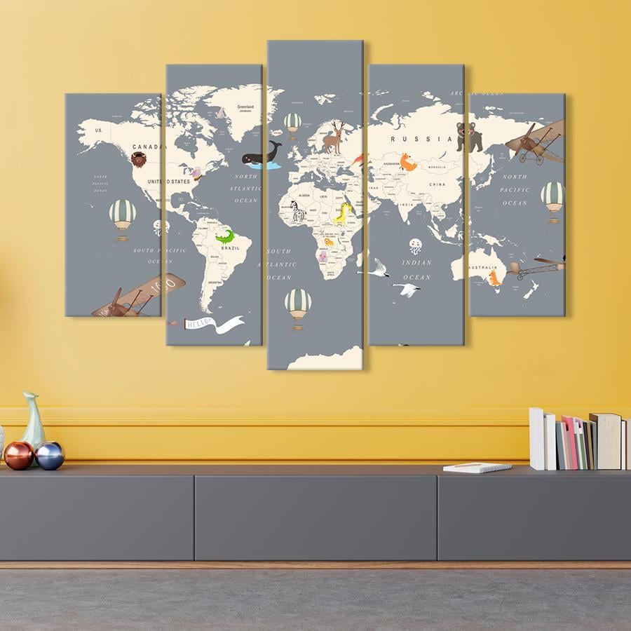 Картина на полотні Карта тваринного світу на сірому тлі з літаками 137x85 см (V534-5_L)