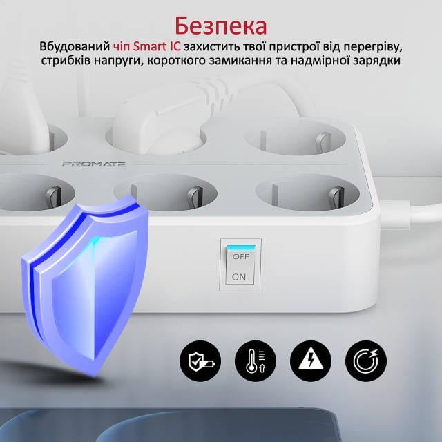 Мережевий фільтр 11-в-1 Promate PowerCord8EU-2M 8 розеток і 3 USB порти 2 м White - фото 4