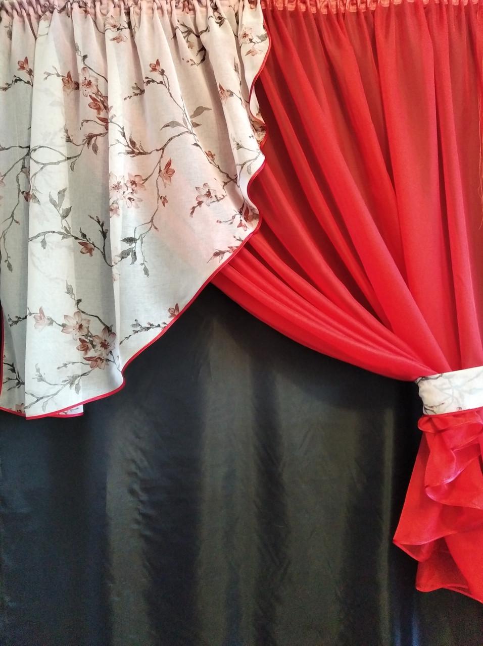 Занавеска кухонная Угол шифон с ламбрекеном батист 300х170 см Красный (ул-19) - фото 1