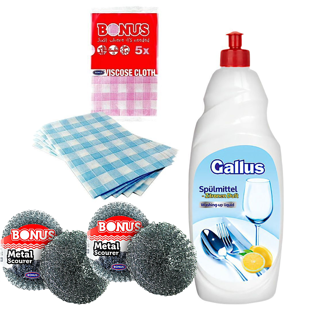 Набір для миття посуду гель Gallus Zitronen Duft 850 мл/скребок BONUS Metal scourer 3 шт./2 уп. ганчірок Viscose 52х36 см 5 шт. (111155)