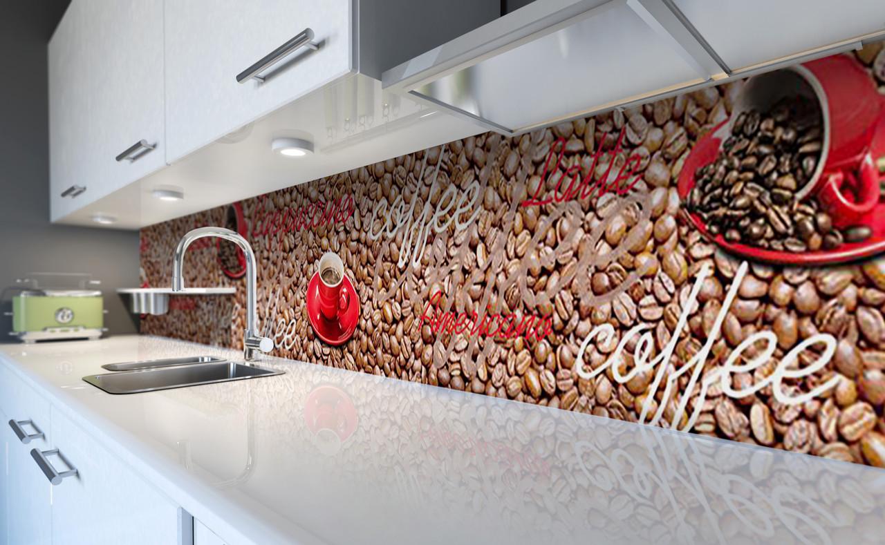Кухонный фартук Кофейные зерна/Кофе/Чашки из самоклеющейся виниловой пленки 65х250 см Коричневый