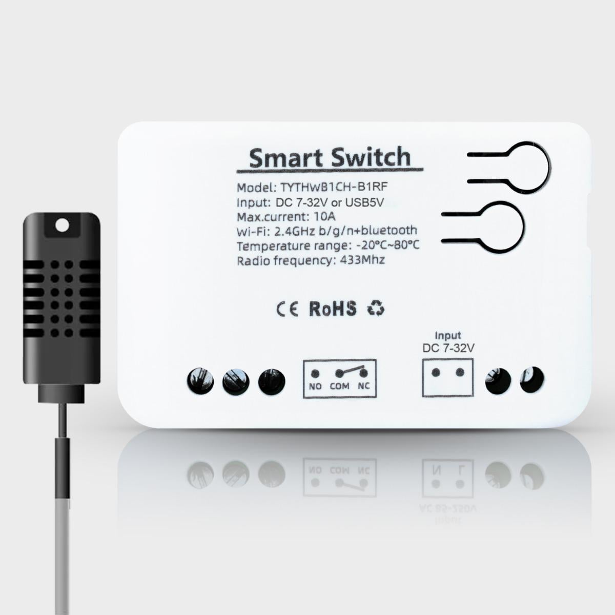 Реле одноканальное Wi-Fi с сухим контактом и датчиком температуры и влажности Tuya (DC 7-32V)