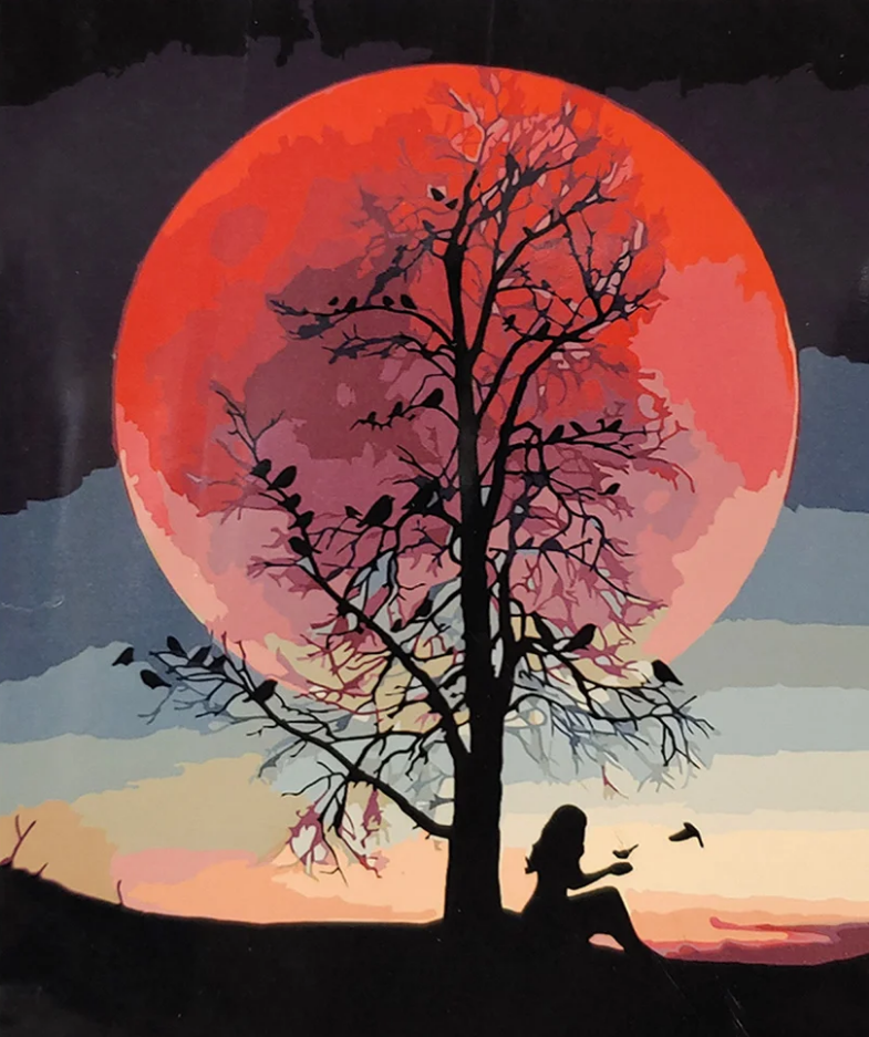 Картина по номерам Strateg Премиум На фоне пламенной луны с лаком и уровнем 40x50 см (SY6653)