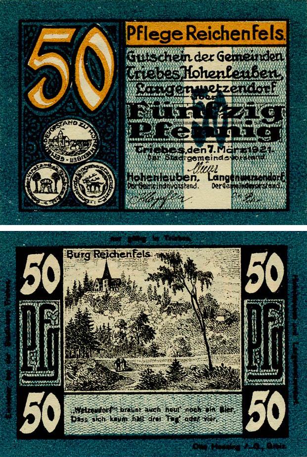 Коллекционная банкнота Германия Нотгельд 50 пфеннигов 1921 F-VF Трибес (Б18739)