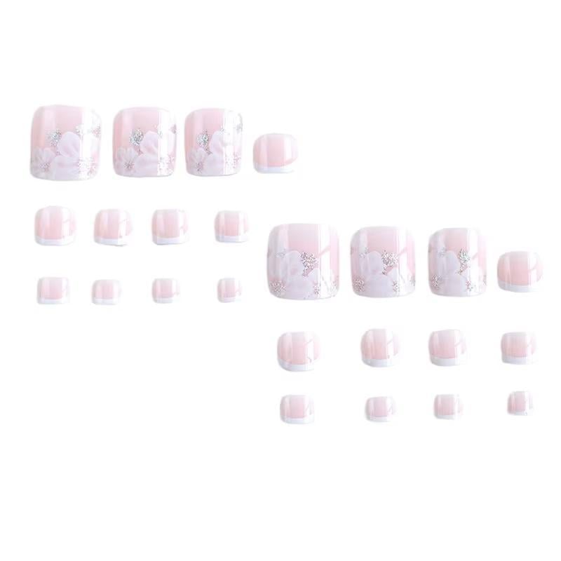 Накладные ногти для педикюра френч с цветами с клеевыми пластинами 24 шт. Персиковый с белым (2610823750)