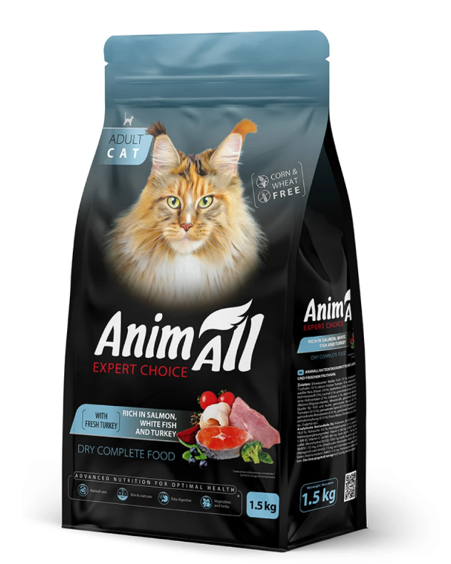 Корм для кошек сухой AnimAll с лососем белой рыбой и свежей индейкой 1,5 кг Корм для кошек сухой AnimAll с лососем белой рыбой и свежей индейкой 1,5 кг