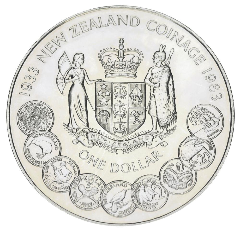 Коллекционная монета Новая Зеландия 1 доллар 1983 50 лет чеканке монет Новой Зеландии UNC (KM#53) Коллекционная монета Новая Зеландия 1 доллар 1983 50 лет чеканке монет Новой Зеландии UNC (KM#53)