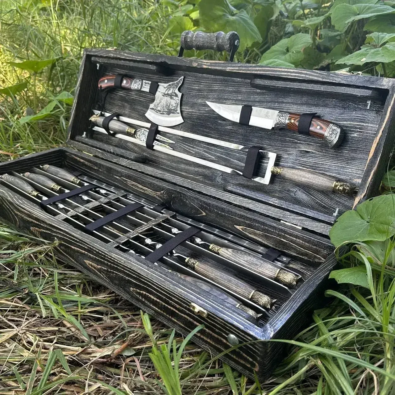 Набор шампуров АКЕЛА ручной работы в брошированном деревянном кейсе-трансформере (2730196527) - фото 4 Набор шампуров АКЕЛА ручной работы в брошированном деревянном кейсе-трансформере (2730196527) - фото 4