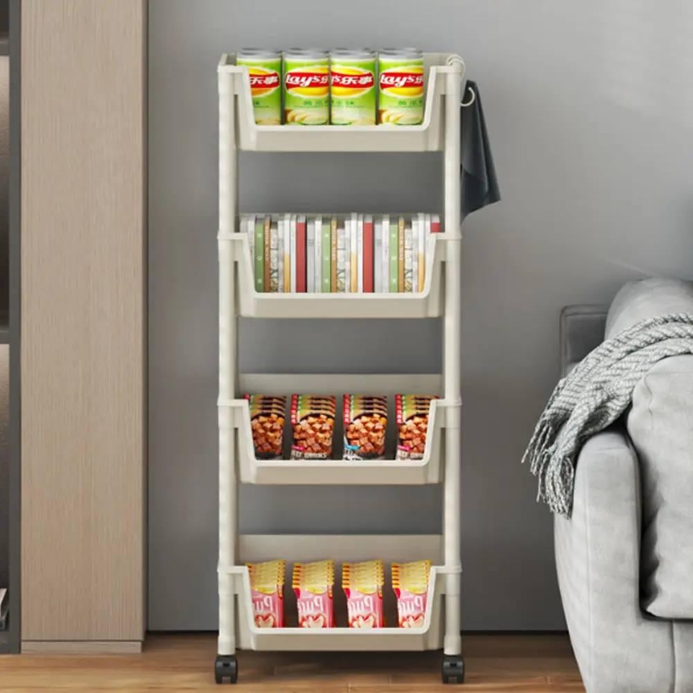 Этажерка на колесиках пластиковая с крючками 4 уровня Бежевая (822e0c74) - фото 4