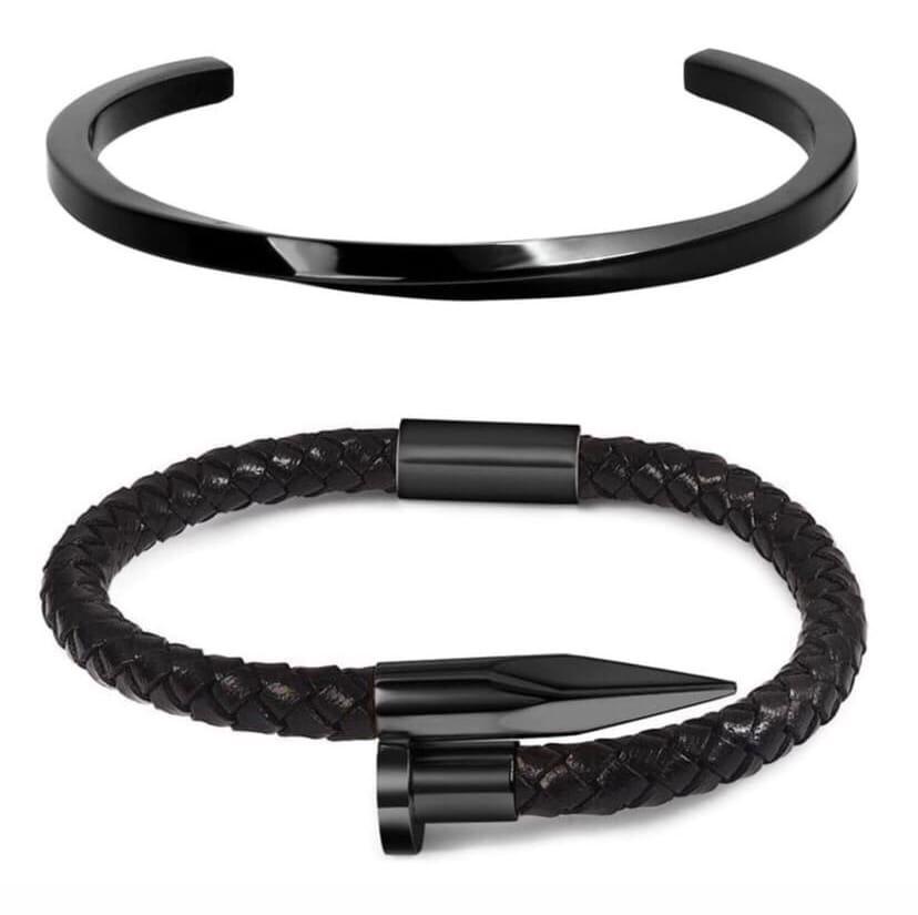 Комплект класичних браслетів зі шкіри та сталі р. 15 (12028)
