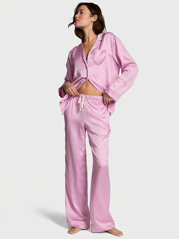 Пижама сатиновая Victoria's Secret Signature Satin Heart Long Pajama Set Bikini Pink Regular XS Лиловый (29978148D)