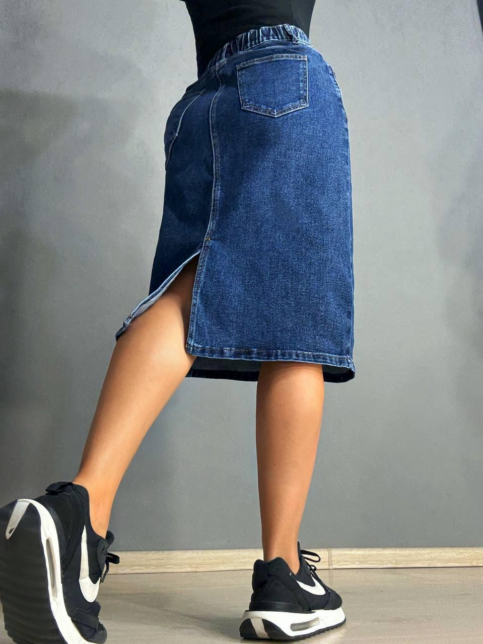 Юбка женская джинсовая Vanver 8237 резинка шнурок с разрезом вареная миди р. 34 Синий (4781) - фото 4