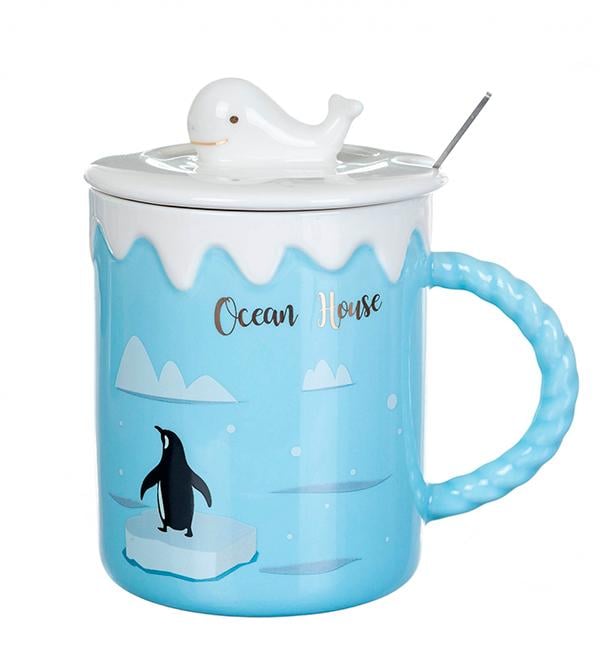 Чашка керамическая Пингвинчик с ложечкой и крышечкой 350 мл (514066)