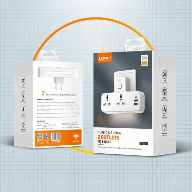 Мережевий фільтр-розгалужувач LDNIO 2500W 3USB 10А 220V PD20W White (SC2311) - фото 13