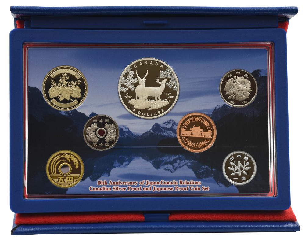 Коллекционные монеты Япония набор из 7 монет 2009 Proof 80 лет отношений между Японией и Канадой 1-500 иен/2 доллара серебро (М24168)