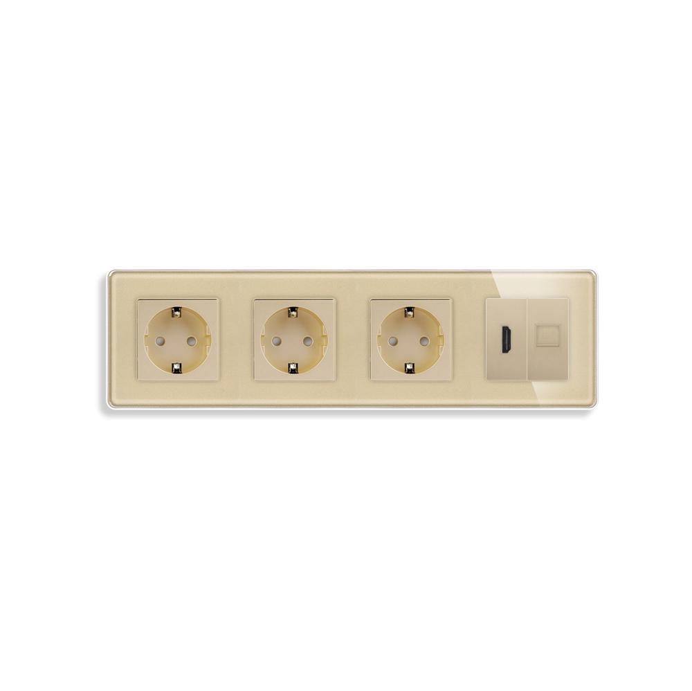 Розетка четырехместная с HDMI/интернет RJ-45 ELIOS настенная стеклянная рамка Золотой (TW-M4FHDMICAT6-GD)
