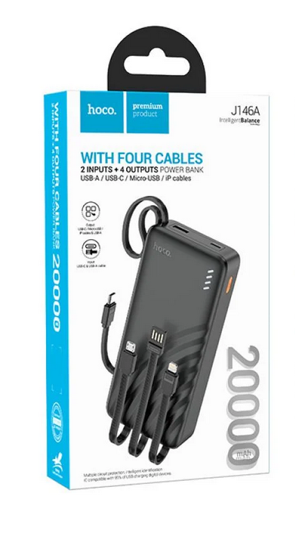 Повербанк Hoco J146A Night Tide 20000 mAh 2A с 4 встроенными кабелями Черный Повербанк Hoco J146A Night Tide 20000 mAh 2A с 4 встроенными кабелями Черный