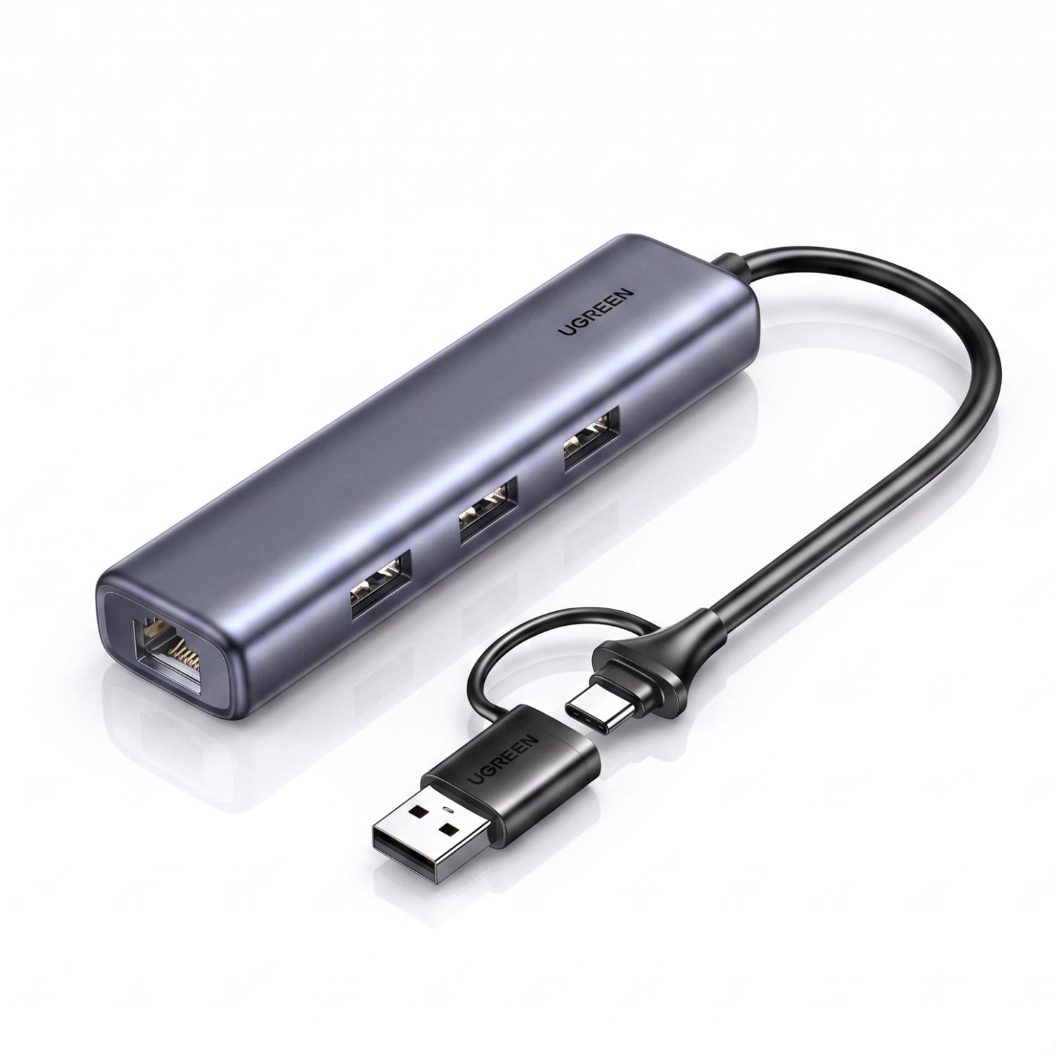 Сетевой адаптер UGREEN CM811 0,2 м 3 порта USB-A 3.0/1 порт RJ-45 Темно-серый (95538)