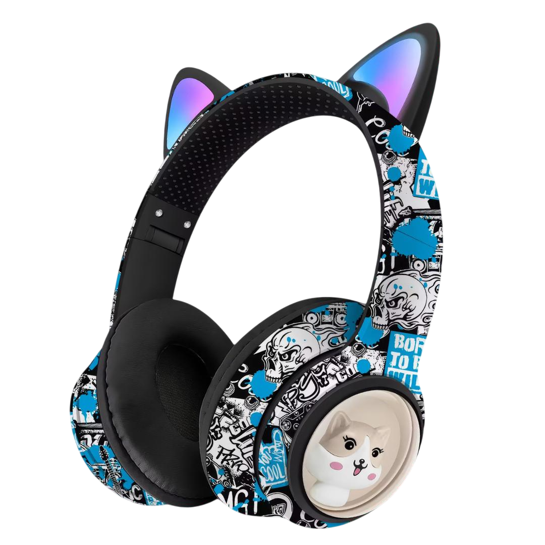 Наушники беспроводные AKZ-37 Bluetooth Led в стиле граффити с ушками (MLD_V285)