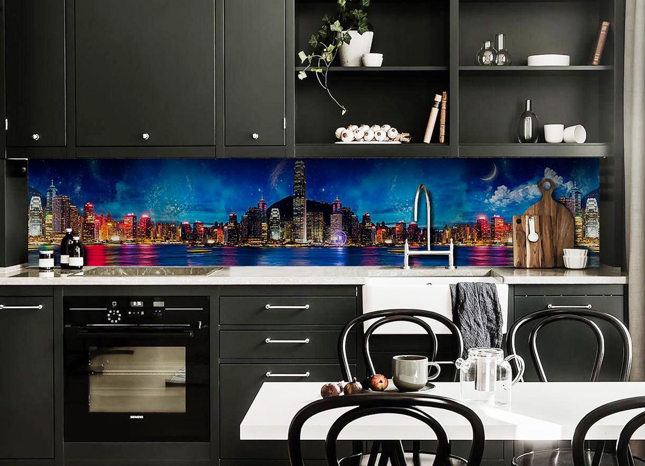 Кухонный фартук Радужный город из самоклеящейся виниловой пленки 60х300 см Синий