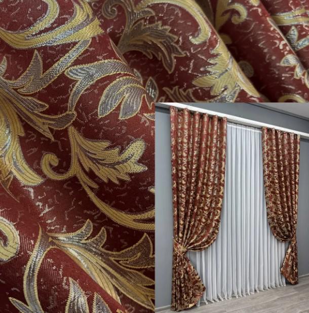 Тканина для штор жакард Завиток 1,45 м Бордовий/Золотистий (1650ш) - фото 2