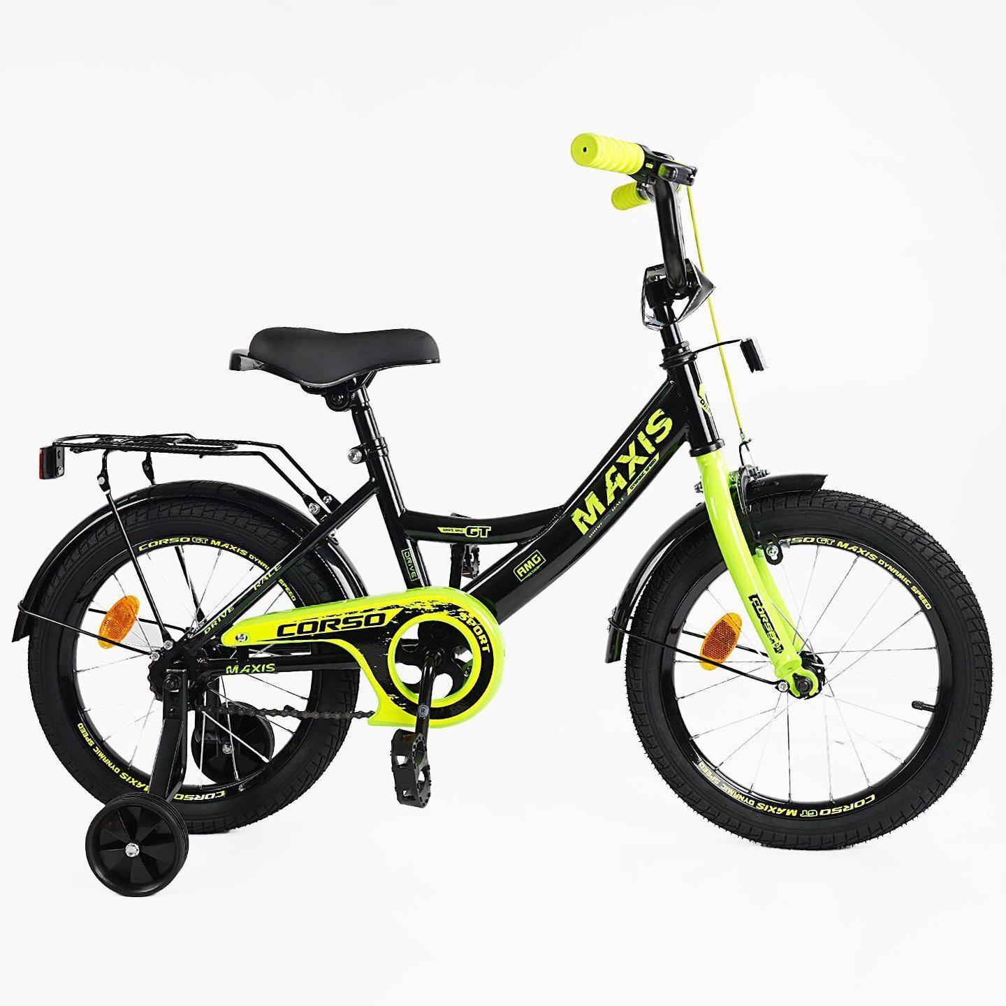 Велосипед двухколесный Corso MAXIS 16" детский c багажником Черно-салатовый - фото 2 Велосипед двухколесный Corso MAXIS 16" детский c багажником Черно-салатовый - фото 2