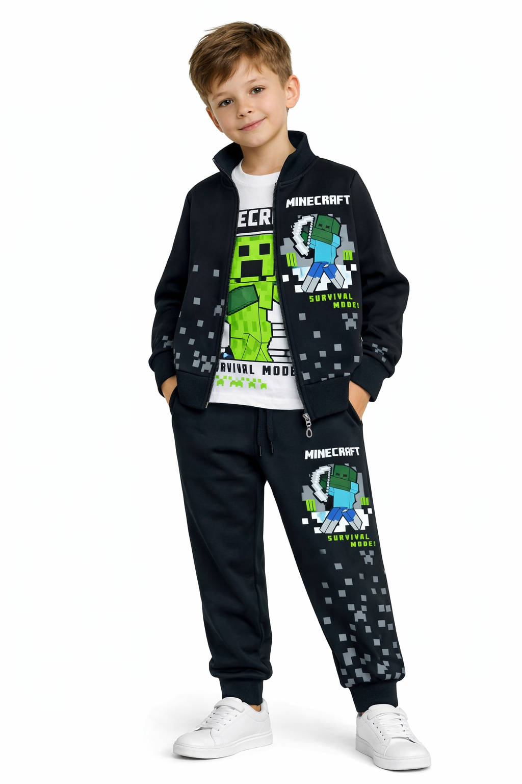 Костюм подростковый тройка в стиле Майнкрафт кофта на молнии/футболка/штаны 104 см Черный (32647471)
