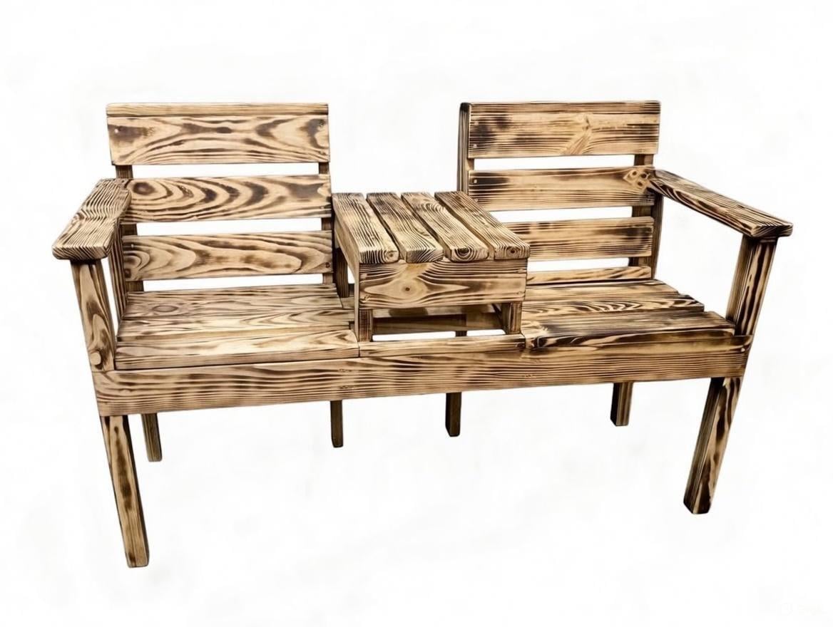 Лавка дерев'яна на двох із столиком по серидені для саду/кафе з обжигом сосна 150х45 см (1888953816)