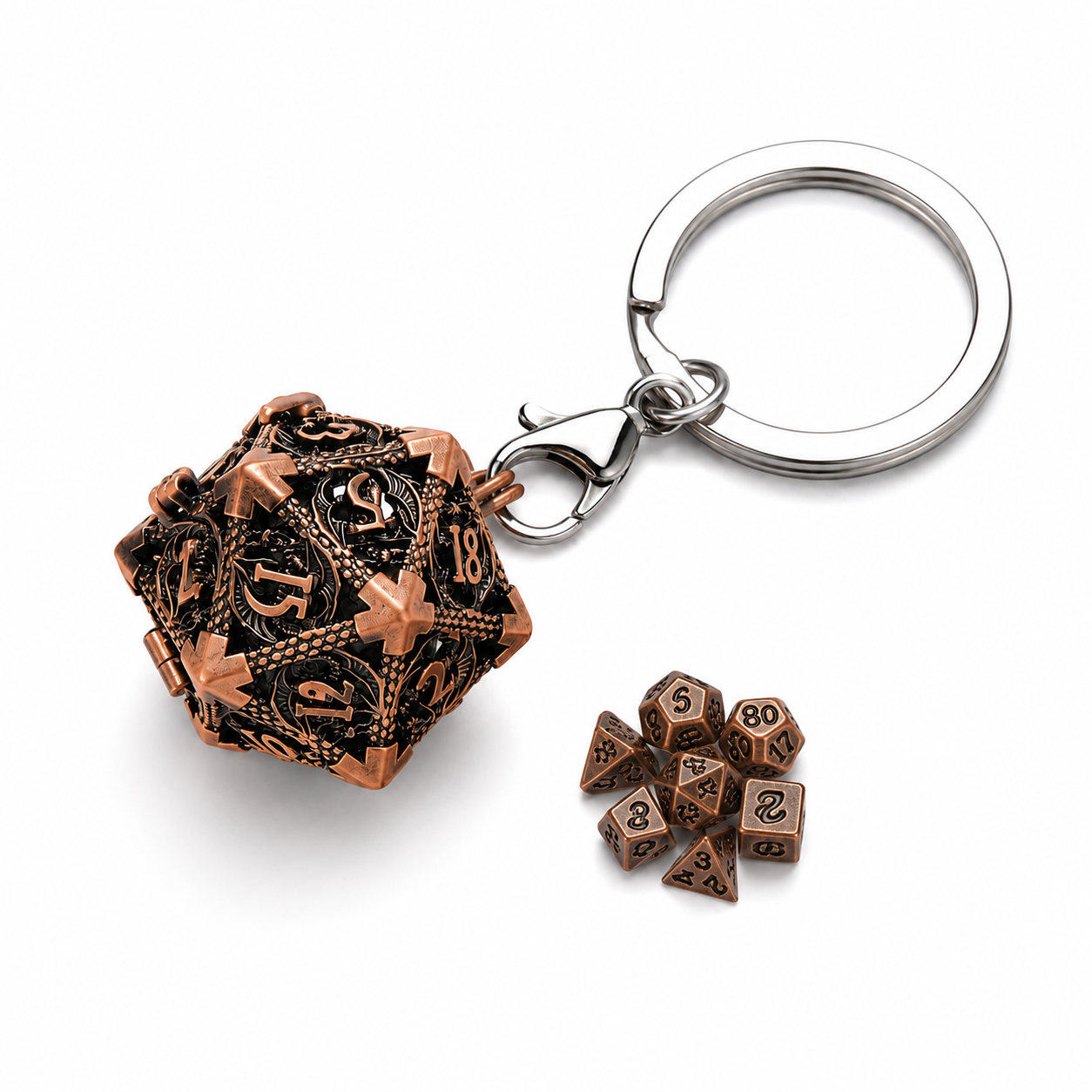 Брелок D20 с набором кубиков многогранные металлические кости для игр D&D 7 шт. Красная медь (1729)