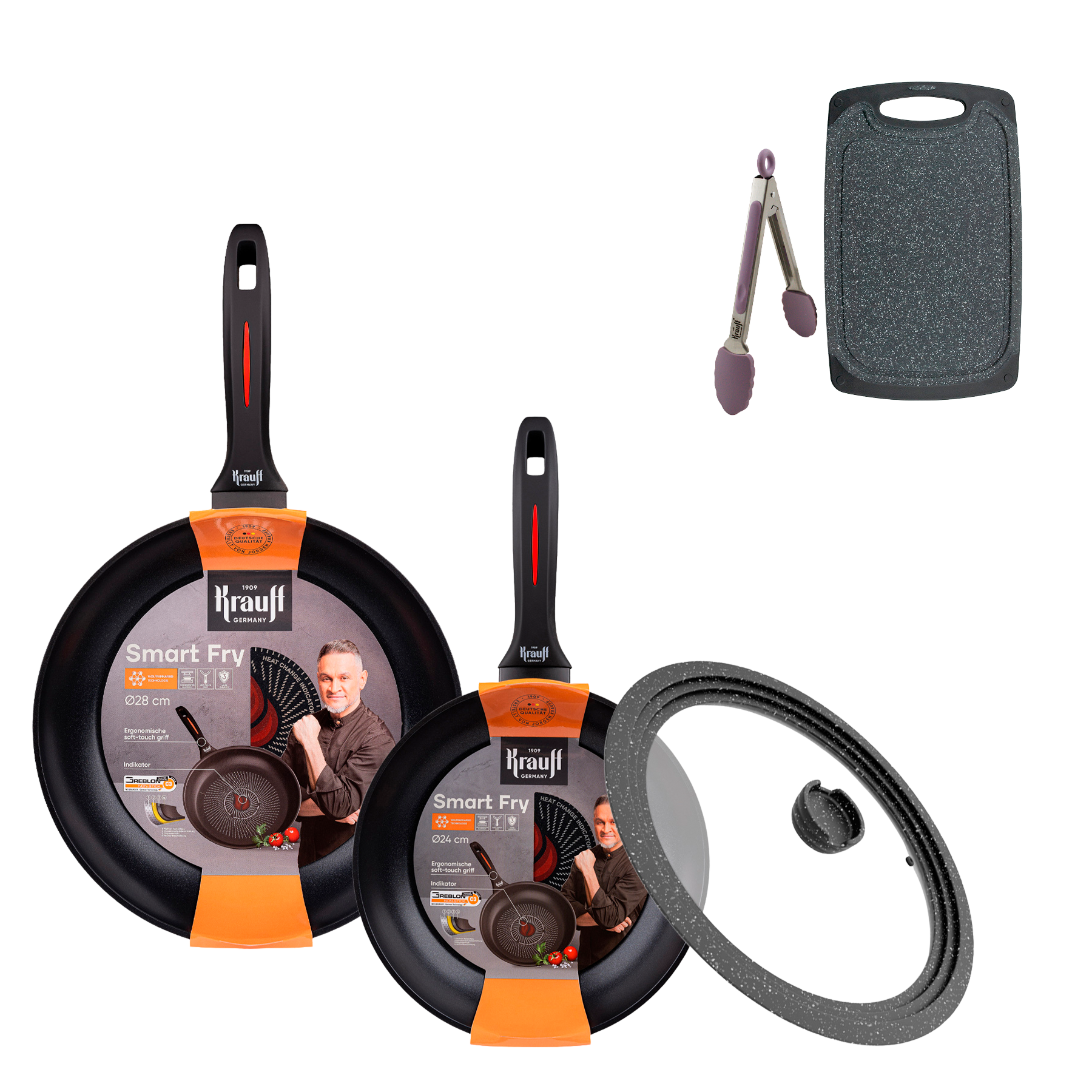 Набор сковородок Krauff Smart Fry 24/28 см с универсальной крышкой MultiSize и кухонными досками (55-333-504)