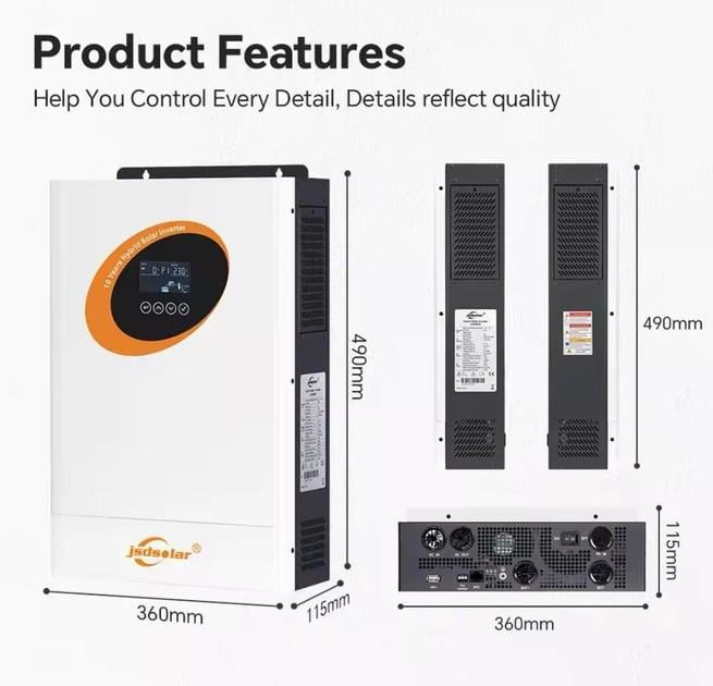 Інвертор гібридний Jsdsolar MPPT 4 кВт 24 В 100A сонячний зарядний пристрій 500 В постійного струму PV вхід (30070143) - фото 3