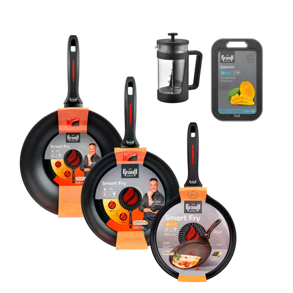 Набір сковорідок Krauff Smart Fry з набором кухонних дошок та френч-пресом (55-333-642)
